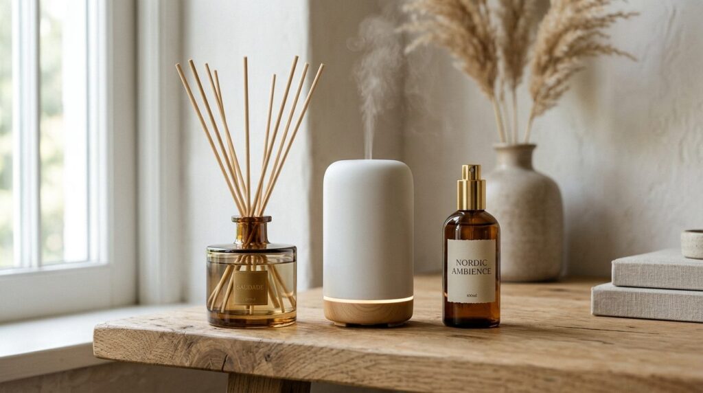 Close-up product photography of three luxury home fragrance