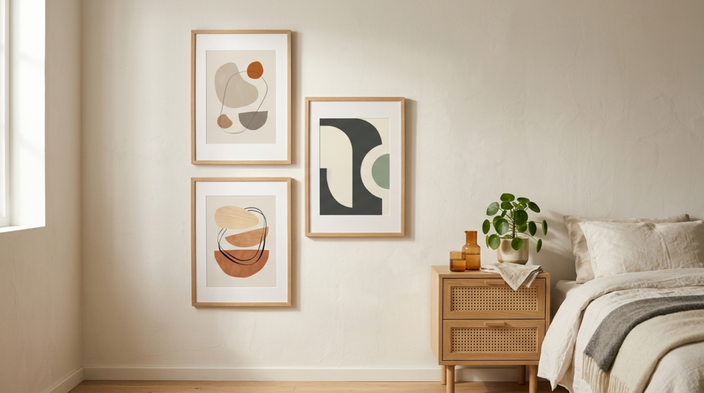 Close-up of a Scandinavian bedroom wall with three modern ar