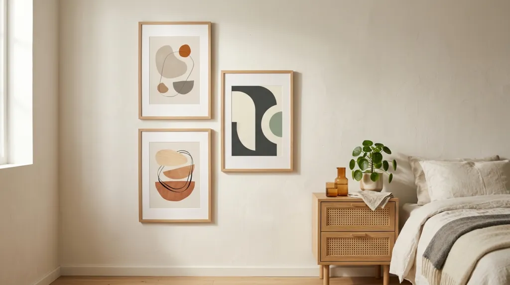 Tre moderne kunstplakater hænger på en minimalistisk soveværelsesmur i skandinavisk stil.