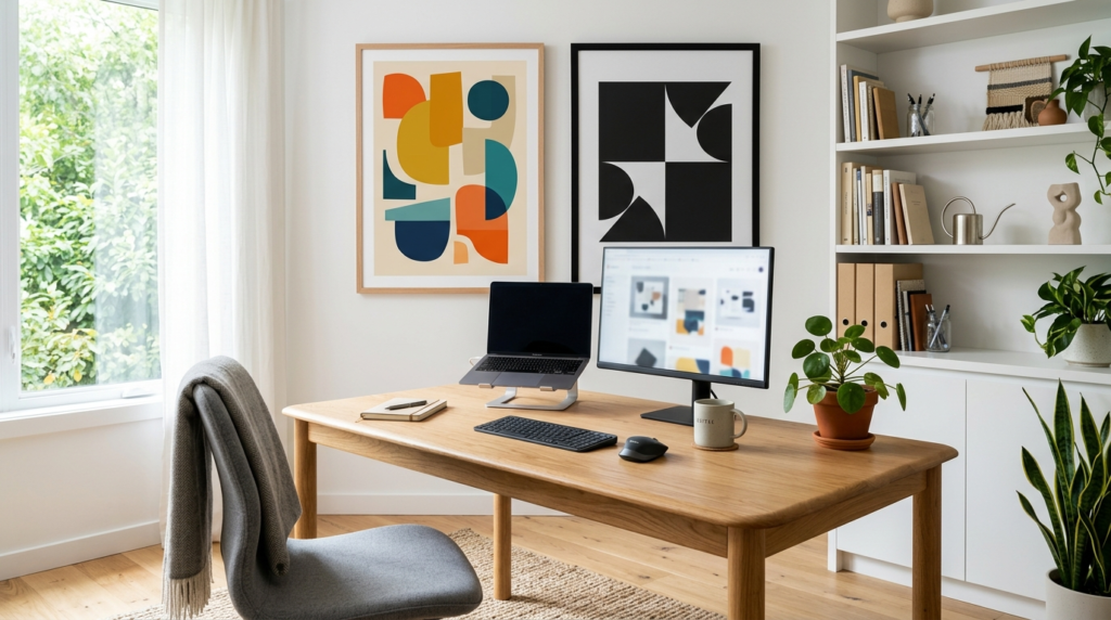 Bright contemporary home office workspace with two abstract 