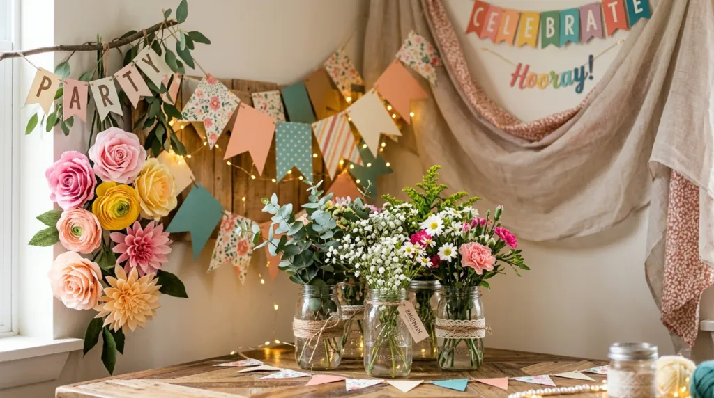 Kreativ DIY-udsmykning med hjemmelavede dekorationer på festa.