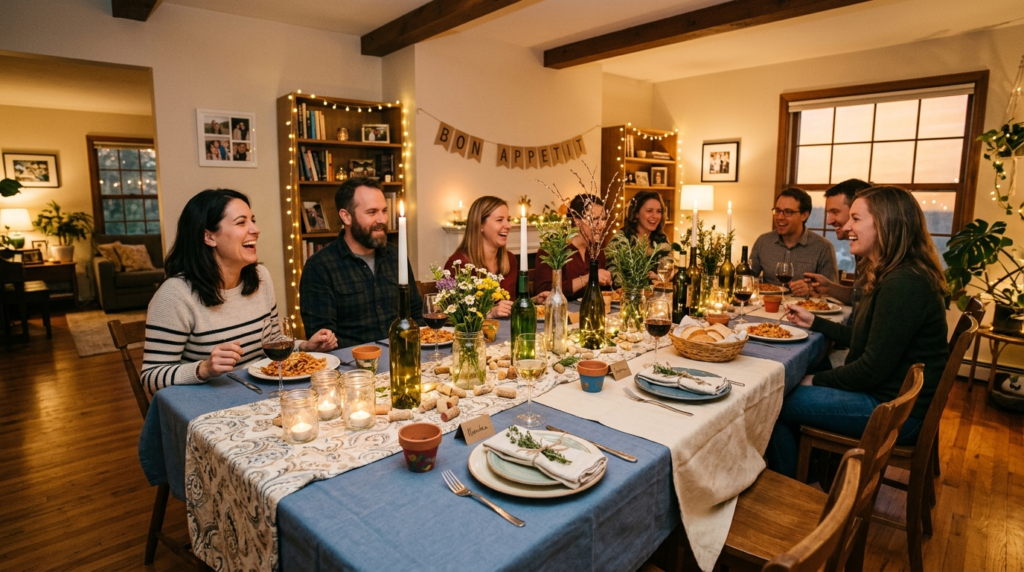 Wide-angle stockfoto of a residential dining room cleverly d