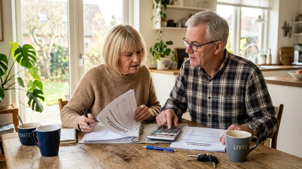 Close-up of a Danish couple reviewing car documents and calc