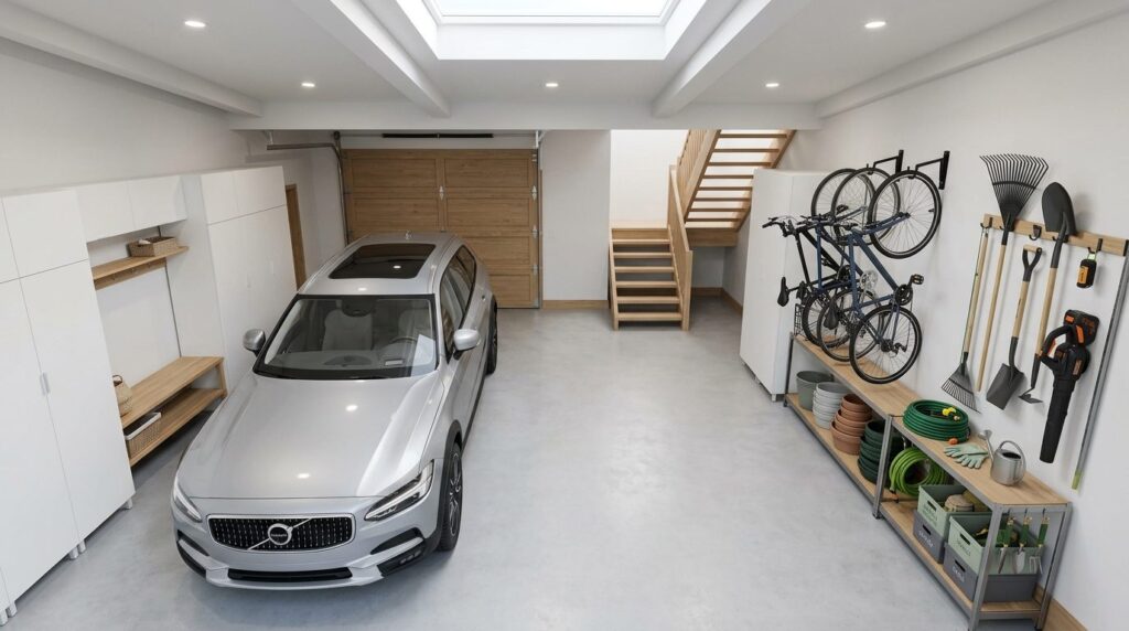 Overhead view of a spacious modern garage interior with a si