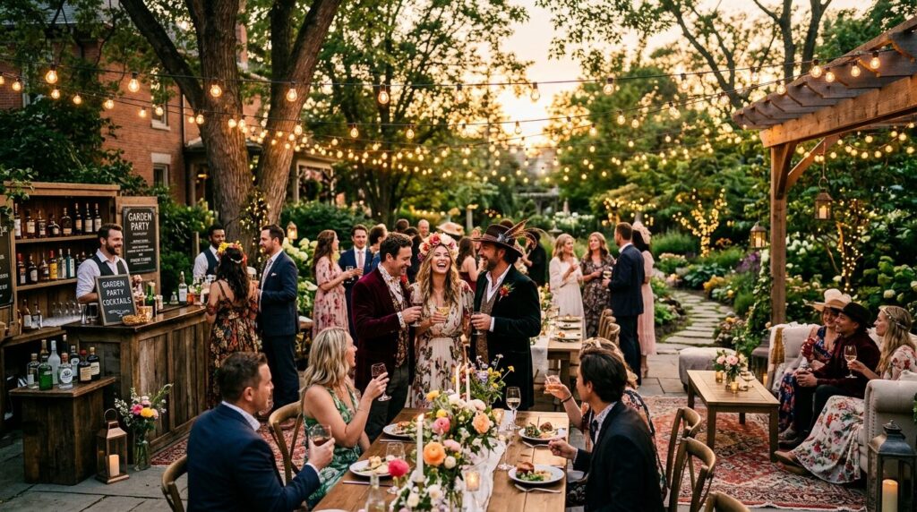 High-quality stock photo of a vibrant backyard garden party