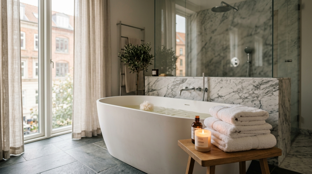 Close-up of a luxurious home spa corner in a Copenhagen apar
