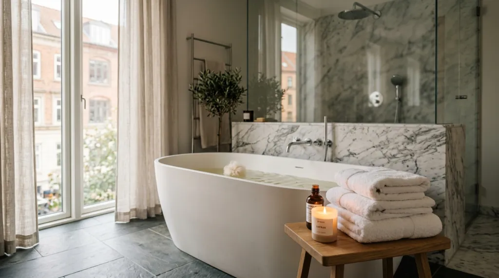 Luksuriøs hjemmespa med badekar, lys og planter i bohemeinspireret indretning.