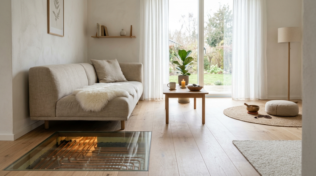 Minimalist living room designed for relaxation and meditatio