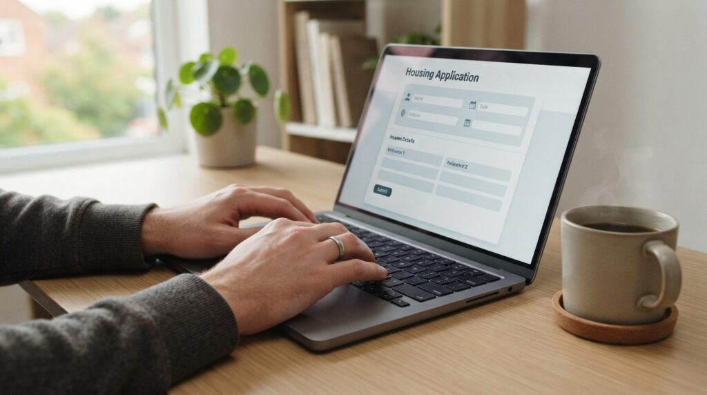 Close-up stock photo of hands typing on a laptop keyboard wi