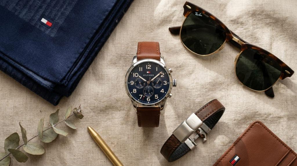Flat lay overhead composition featuring a Tommy Hilfiger men
