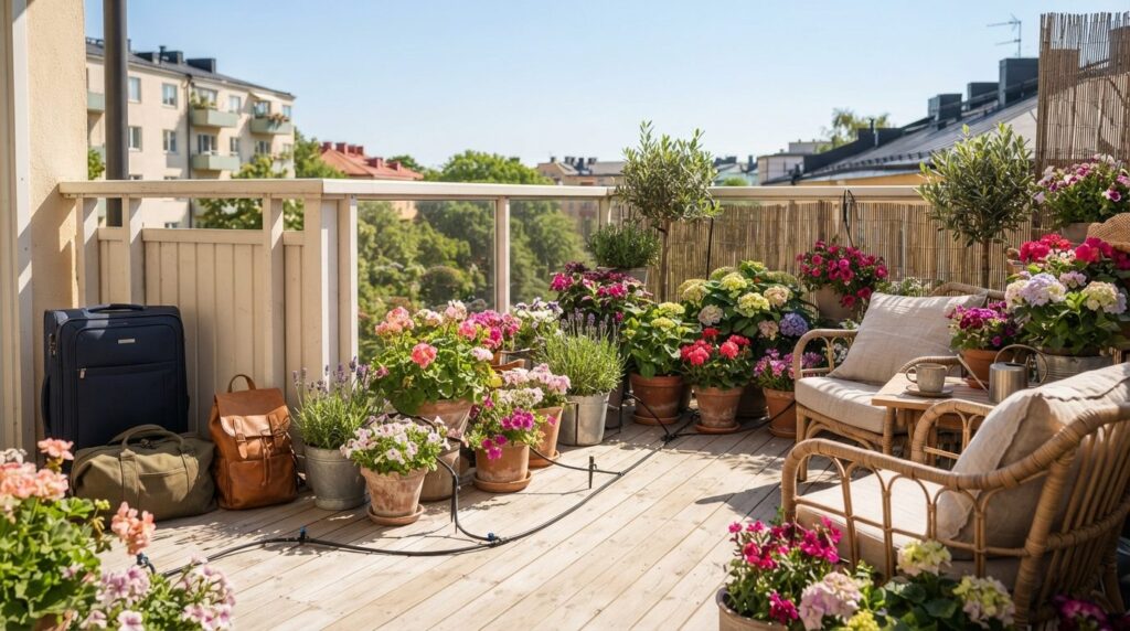 Professional stock photo of a sunny Scandinavian balcony or 