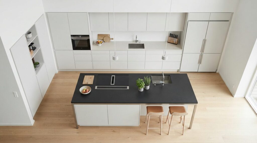 Overhead view of a modern kitchen layout showing a freestand