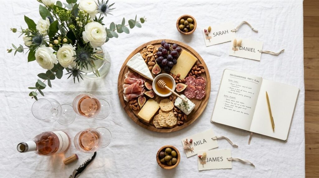Overhead flat lay of housewarming party planning essentials: