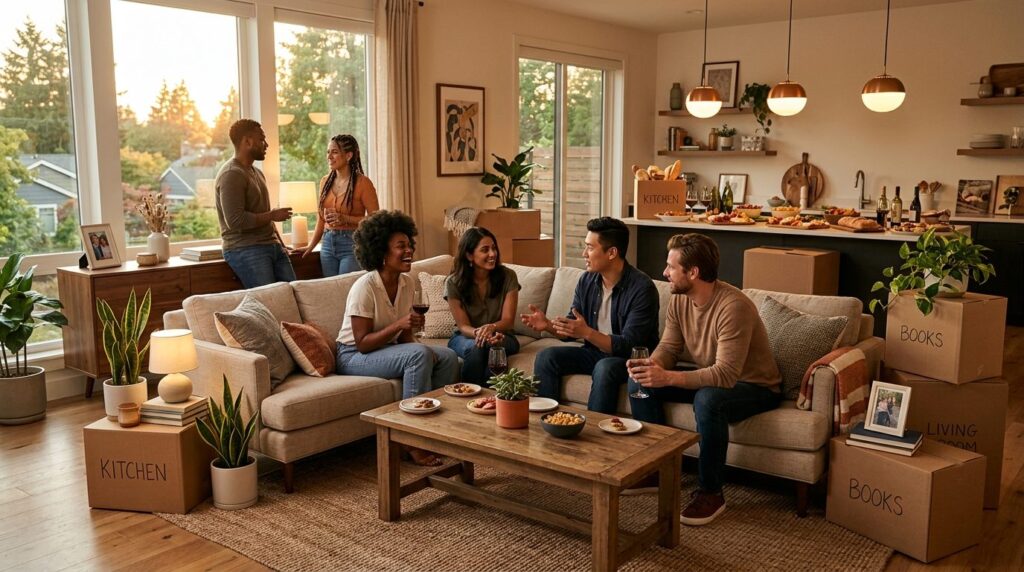 Cozy housewarming gathering in contemporary living room with
