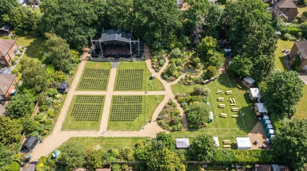 Aerial view of garden layout planning for outdoor summer fes
