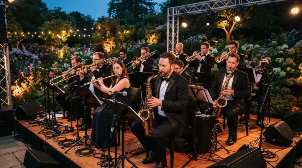 Close-up of live big band orchestra performing on outdoor ga