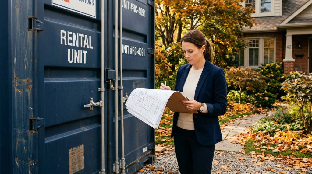 Close-up of a homeowner in casual business attire reviewing 