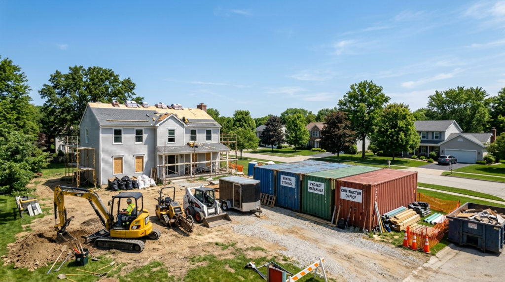 Wide angle view of a spacious suburban lot during a home ren