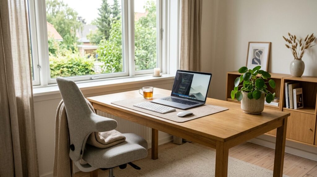 High quality stock photo, 16:9 ratio, cozy home workspace wi
