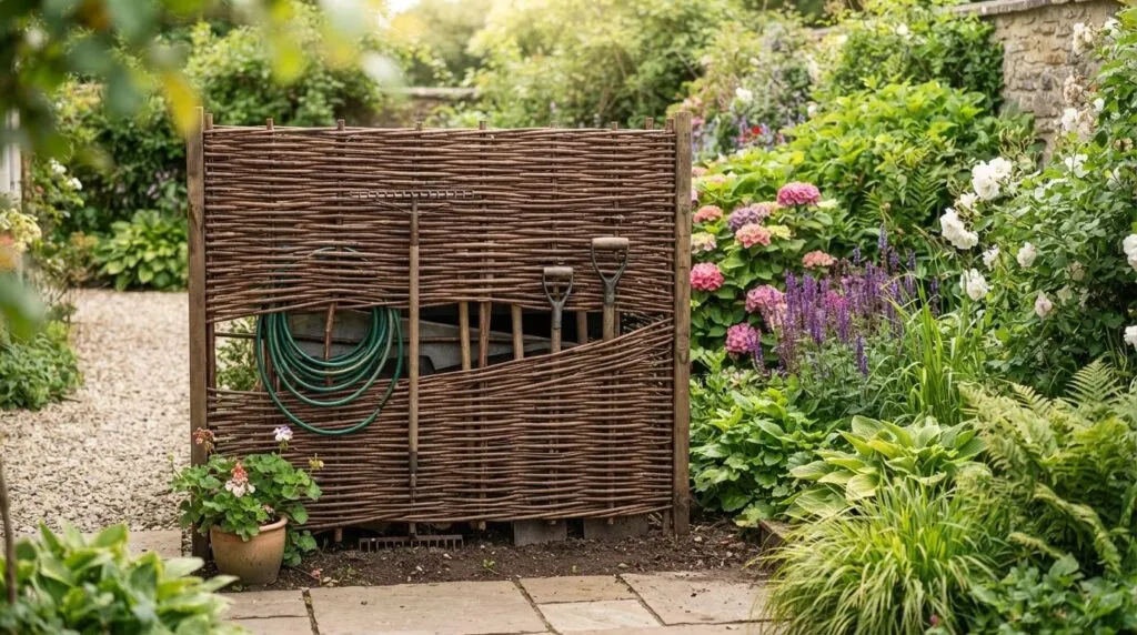 Close-up stock photo of a stylish woven garden screen or fen