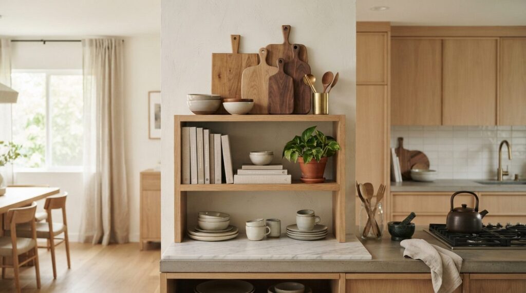 Modern bright kitchen with open shelving display, Danish woo