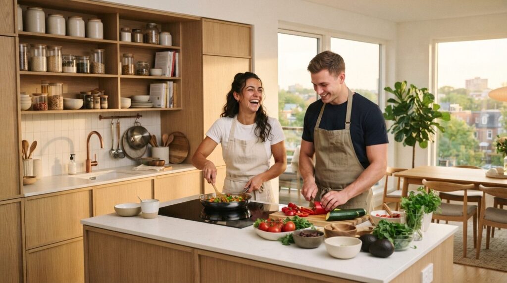 Wide-angle photograph of a fit, happy couple cooking togethe