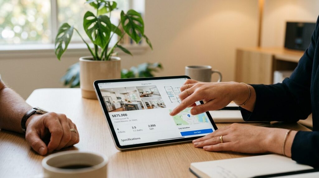 Close-up of real estate professionals hands pointing at pro