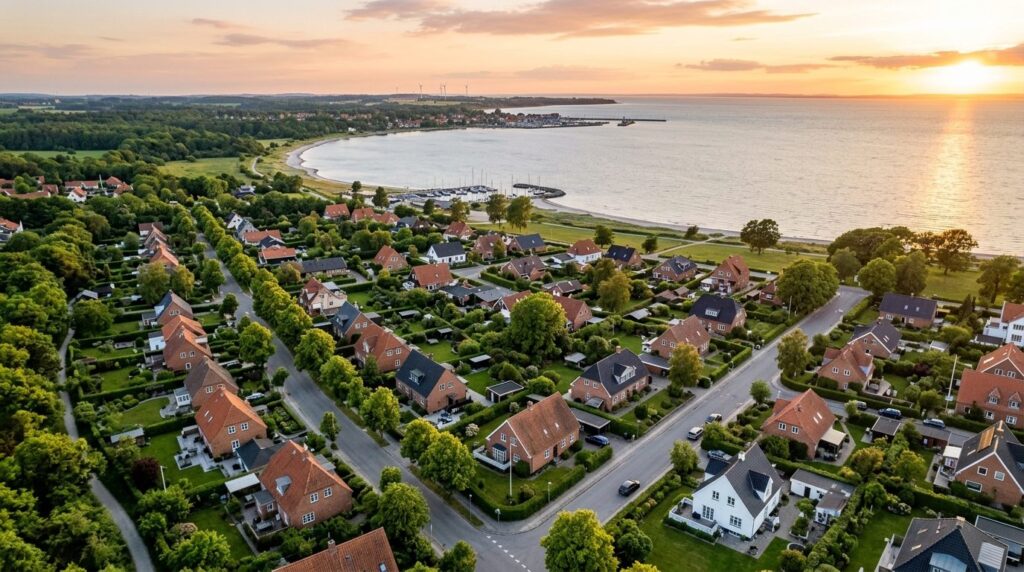 Aerial view of suburban residential neighborhood in Denmark-
