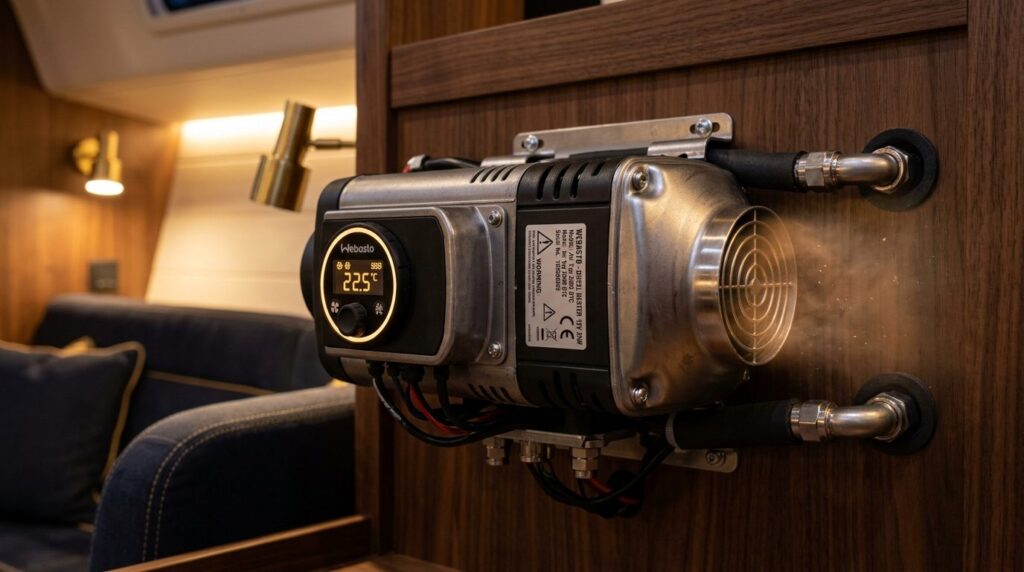 Close-up detail shot of a premium 12V diesel heater unit wit
