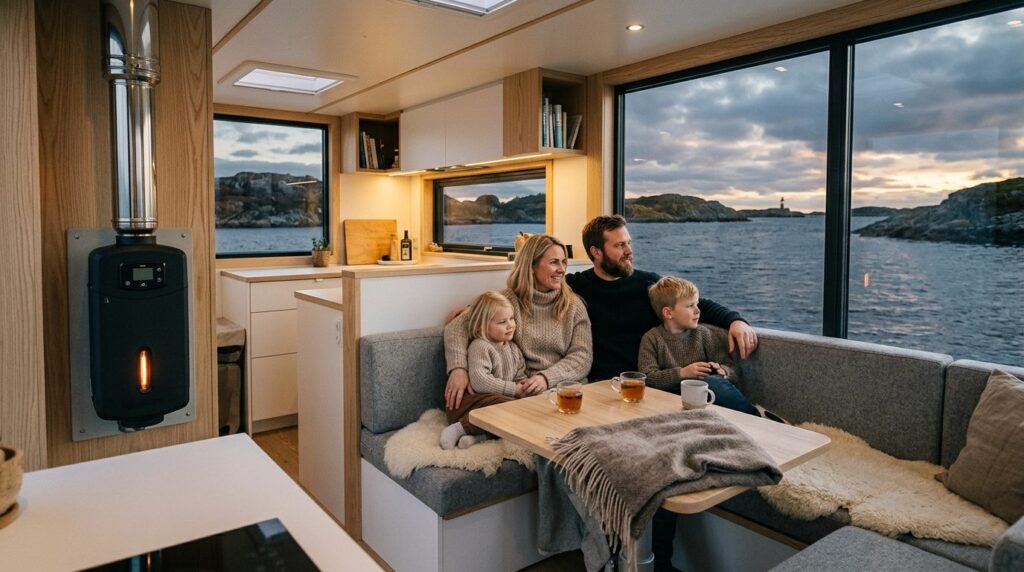 Minimalist Scandinavian boat cabin with integrated diesel he