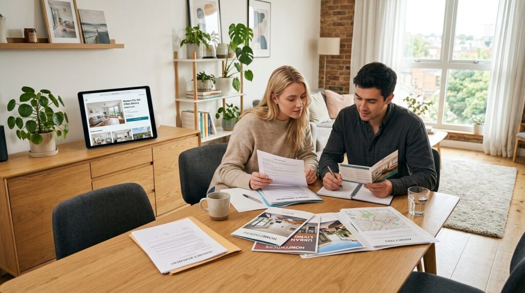 Wide shot of a couple sitting at a dining table reviewing re
