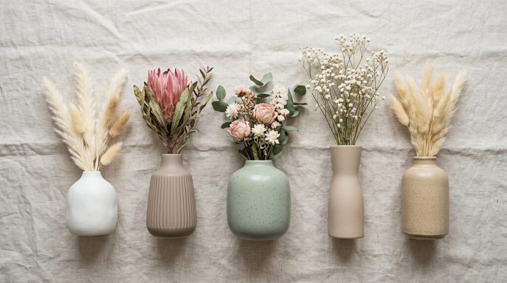 Close-up flat lay photography of five different Scandinavian