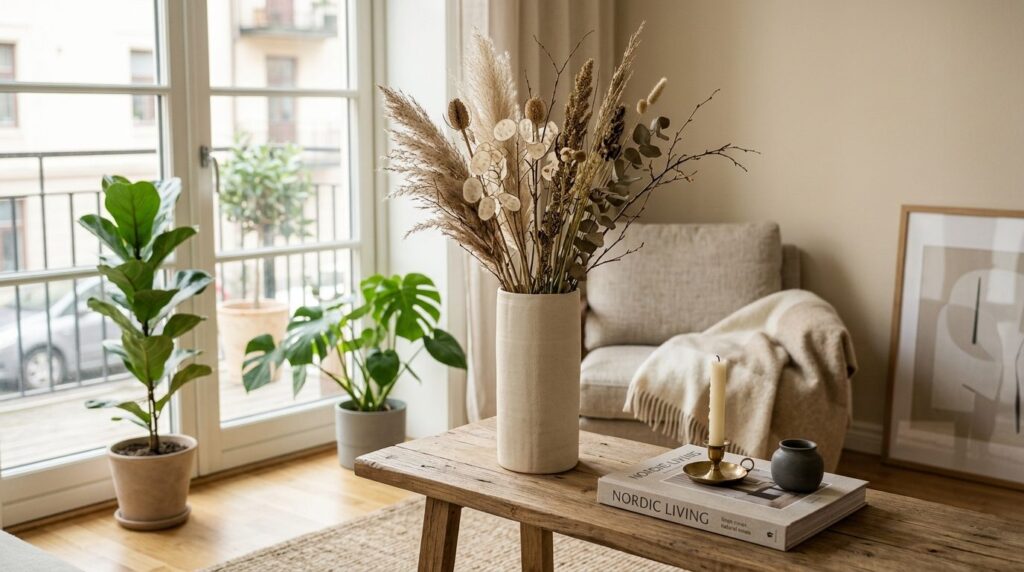 Scandinavian home interior detail shot of a tall cylindrical