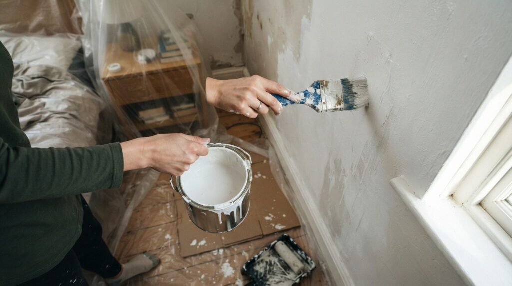 Close-up overhead view of homeowners hands holding a paintb
