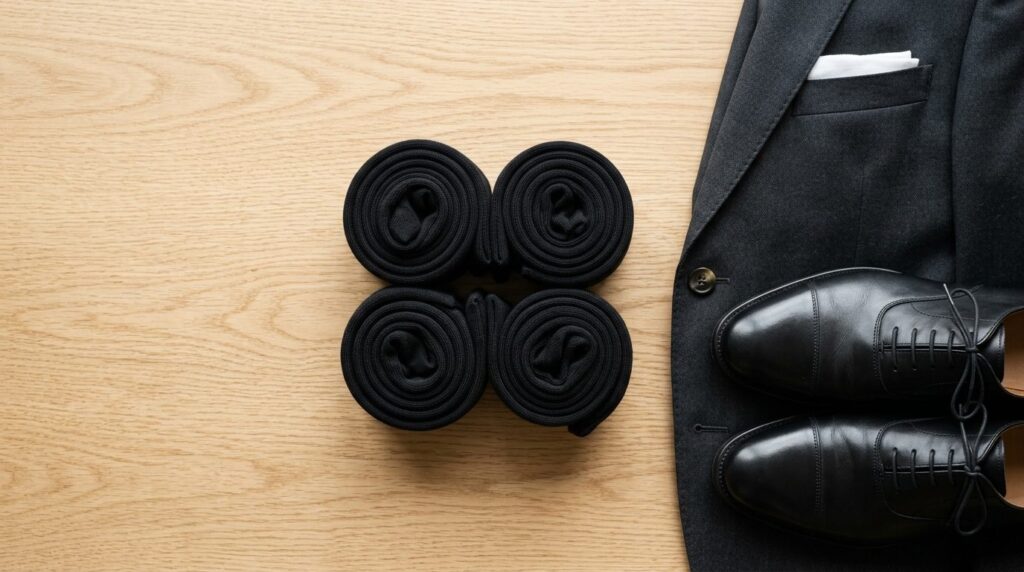 Close-up overhead flat lay of premium black socks rolled and