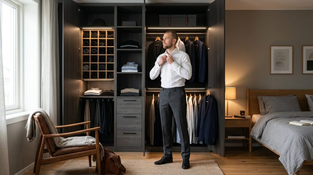Modern masculine bedroom corner with a sleek dark wardrobe o
