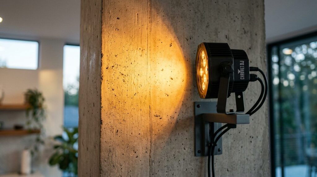 Professionel LED PAR-lampe med RGBW-farvespektrum i nærbillede.