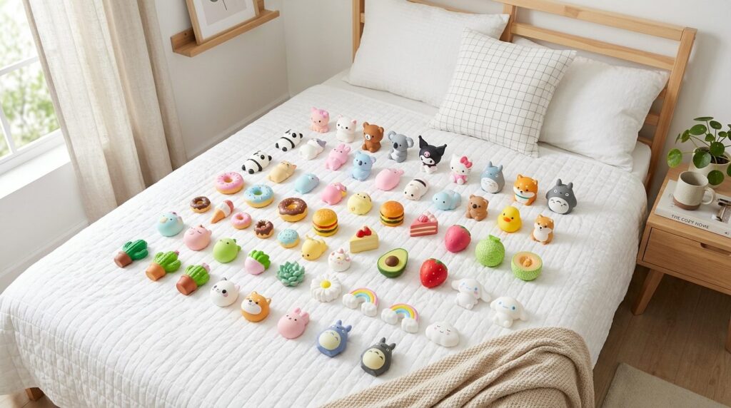 Organiseret squishysamling opstillet forfra set ovenfra.