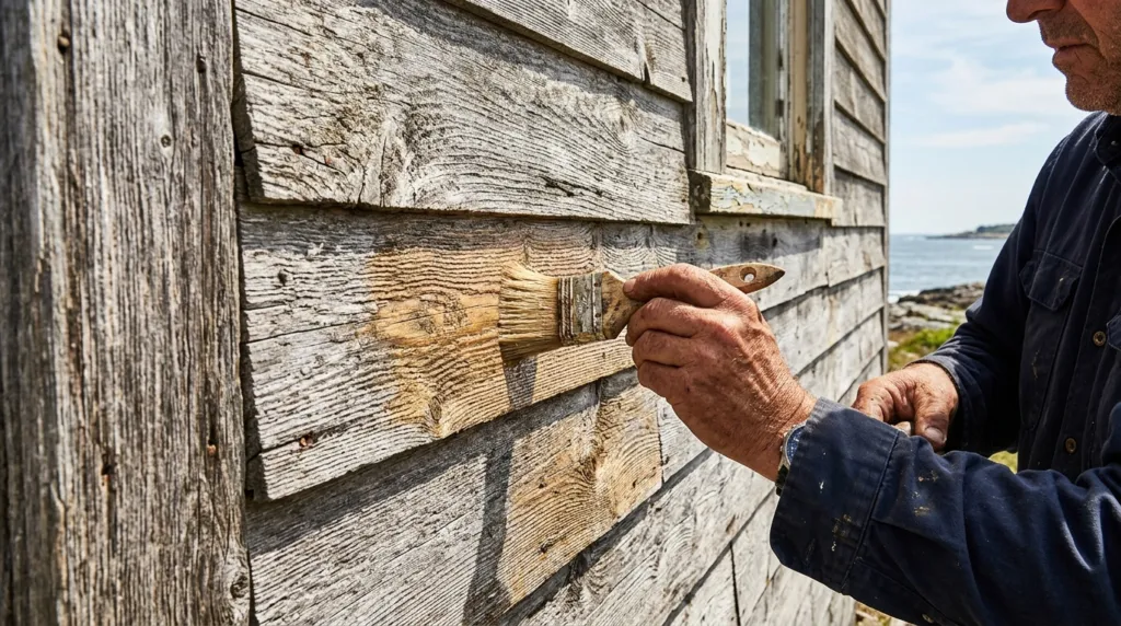 Nedslidt træfacade med synlige vejrpåvirkninger
