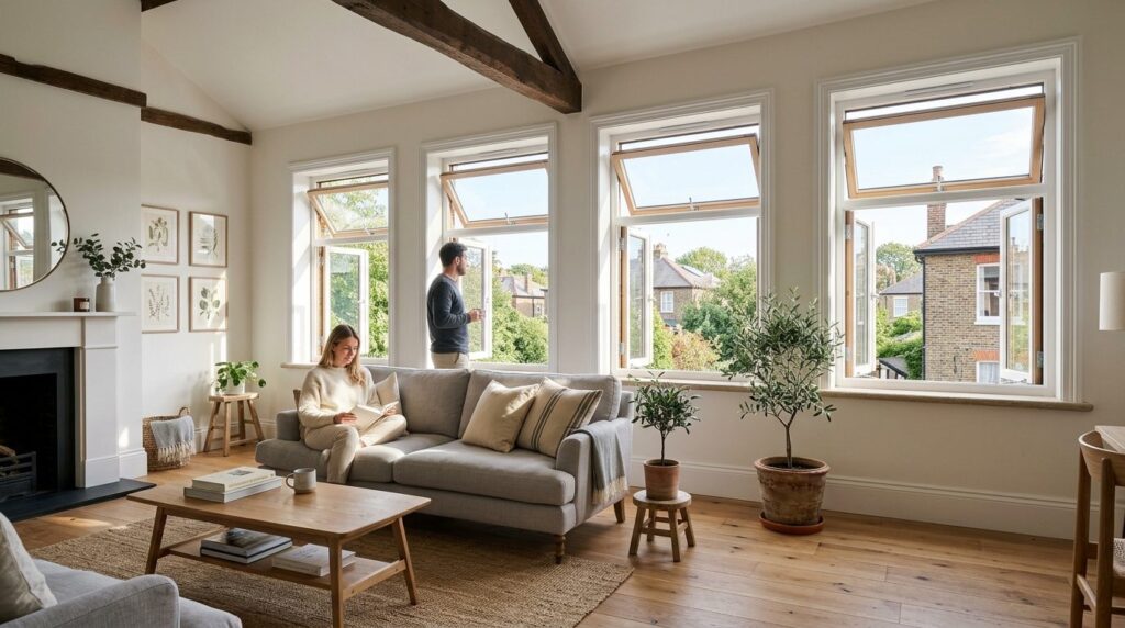 Wide photorealistic interior view of a bright, airy room in