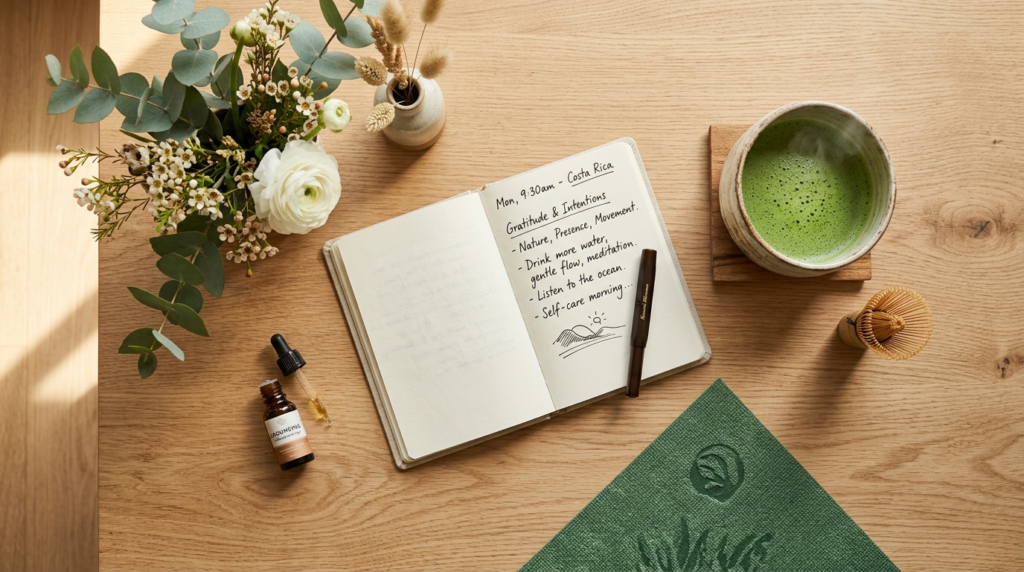 Overhead flat-lay composition of a wellness travelers prepa