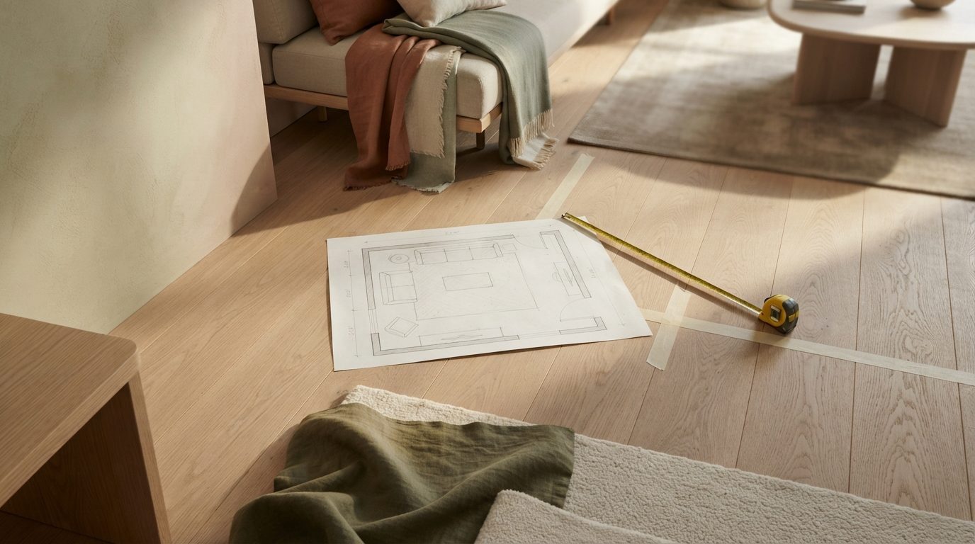 Illustration til guiden: Sofa, tæppe og sofabord i samme stue: Sådan passer størrelserne sammen